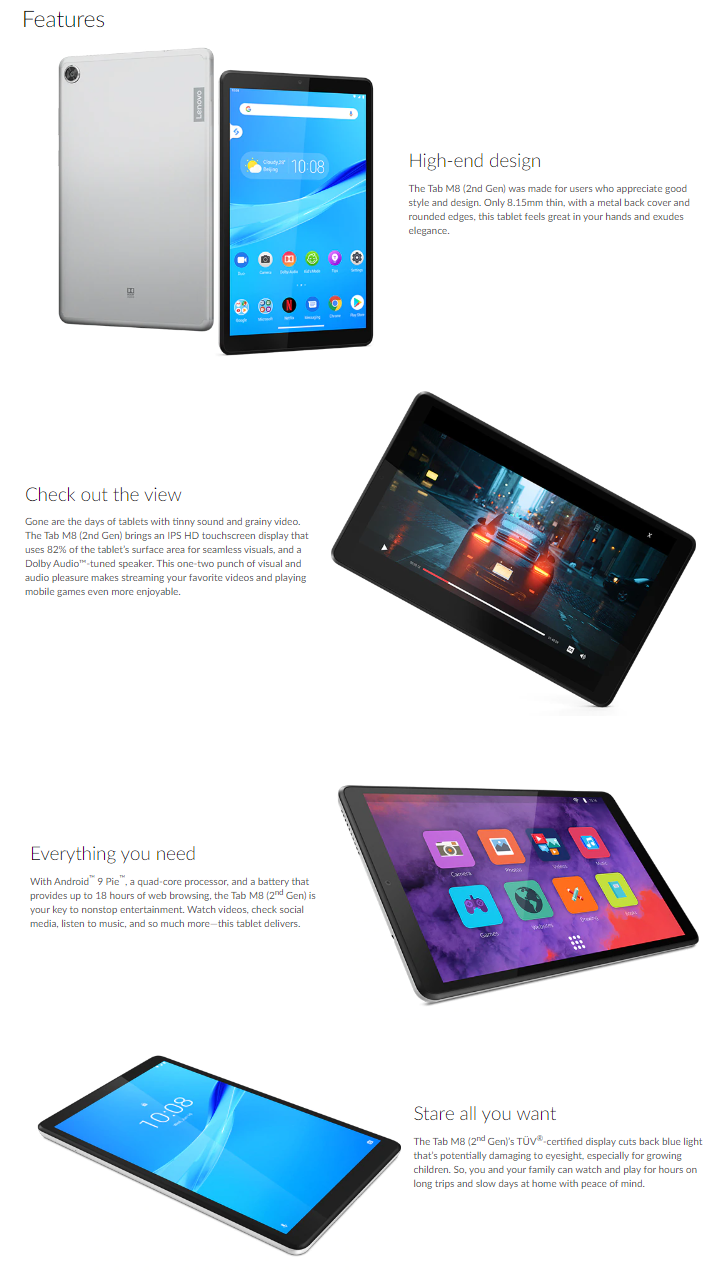 Lenovo M8 – 8" HD Display, 2GB RAM, 16GB Storage, 2.0GHz Quad-Core, 5MP Rear & 2MP Front Cameras, 5000mAh Battery  – 8" HD Display, 2GB RAM, 16GB Storage, 2.0GHz Quad-Core, -  Like New Tablets