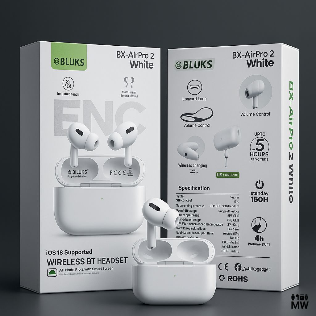 🎧Bluk’s Bx Air Pro 2- White with One Year Official Company Warranty with Buzzer/Lanyard And Silicon Pouch  - Cable: (Type C to Type C)