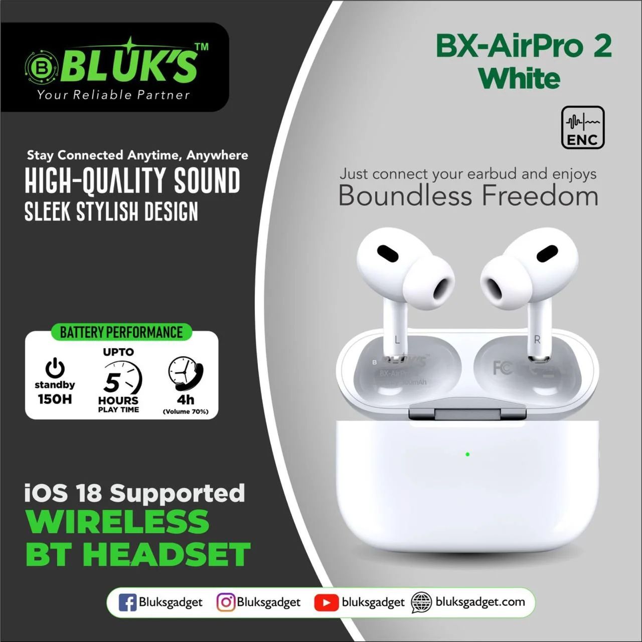 🎧Bluk’s Bx Air Pro 2- White with One Year Official Company Warranty with Buzzer/Lanyard And Silicon Pouch  - Cable: (Type C to Type C)